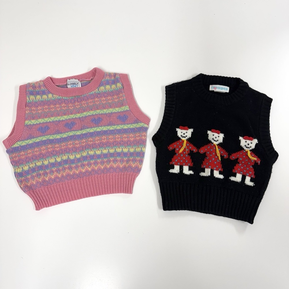 Vtg Sweater Set Of‎ 2 Youth Pullover Patterned Vest Cats & Hearts 80s Size 4T-6